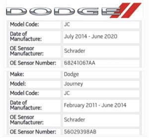 Dodge Journey TPMS tyre pressure monitor sensors and valves 
