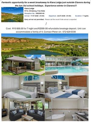 A week breakaway to Kiara Lodge just outside Clarens for Jun school holidays