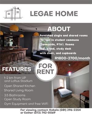 Single and Shared Rooms available in a student commune located in Sunnyside, PTA
