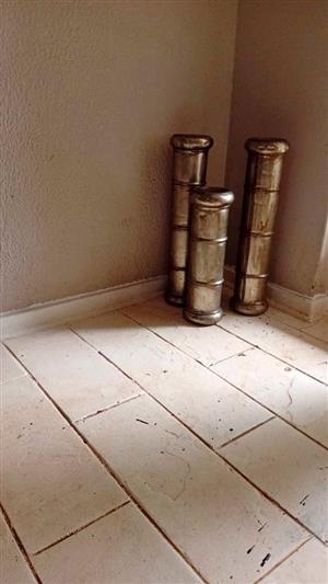 GORGEOUS SILVER FLOOR STANDING CANDLE HOLDERS - UNIQUE Design - 600H&450Hx140Dia CRESTA RANDBURG