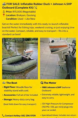 FOR SALE: Inflatable Rubber Duck & 4.5HP Johnson Outboard 