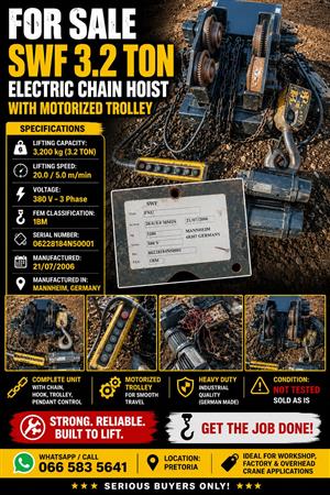 Electric hoist 3.2ton motorized not tested complete