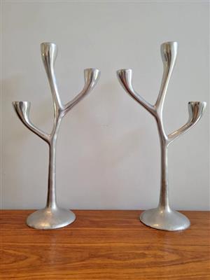 Pair of Vintage Italian 1970's Solid Aluminium Candle Sticks / Candelabra's - Mid Century Retro