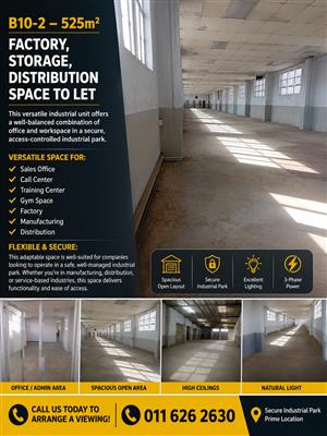 B10-2 – 525m² Factory, Storage, Distribution Space To Let