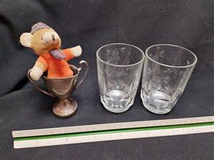 ARCOPOL GRAPE ETCHED GLASSES FRANCE 2 UNITS MEDIUM WATER WINE