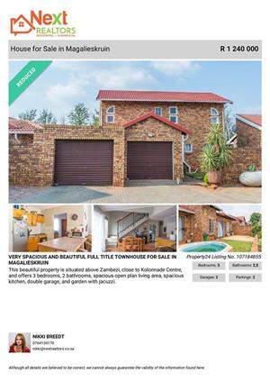 SPACIOUS FULL TITLE TOWNHOUSE FOR SALE IN MAGALIESKRUIN