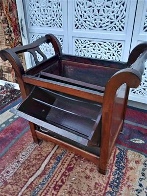 Vintage Carved Wood Magazine / Newspaper Rack with Storage Cabinet