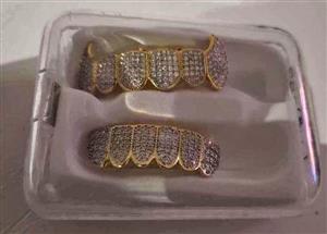 Grilz set fangs 18kt gold & silver color rhinestones