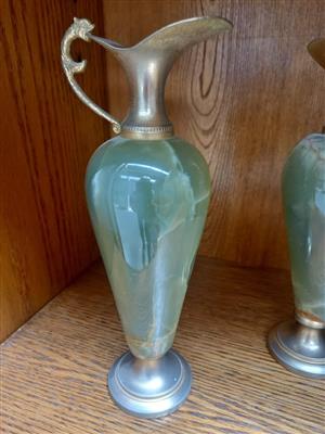 Greco-Roman style green onxy ewers with brass dragon handles.