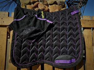 Black and purple sparkling saddle pad and ear bonnet 