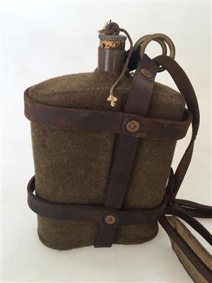 WWII water bottle – enamel with woollen cover and leather/canvas webbing carrier