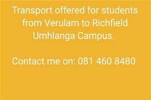 Transport from Verulam to umhlanga(parksquare)