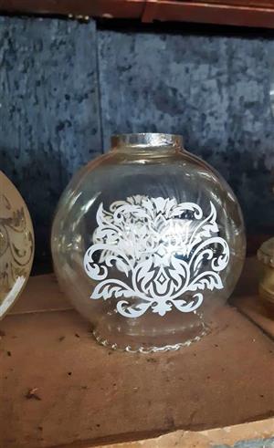 Antique Art Deco clear amber glass sphere lamp shade with etched  scroll deco 15cm diametre. 