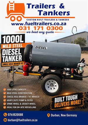 DIESEL TANKER MADE FROM MILD STEEL WITH 1000L TANK CAPACITY, SINGLE AXLE BRAKED