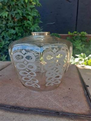 Vintage glass lamp shade, with smoke-tinted glass and frosted, etched pattern.