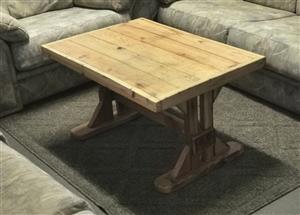 Oregon table with glass top and coffee table. Unique design and weighty. Natural