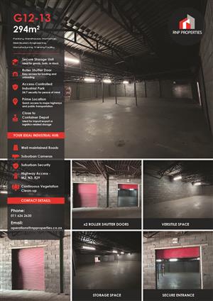 G12 – 147m² – G13 – 147m² Total – 294m² Secure Storage Space To Let