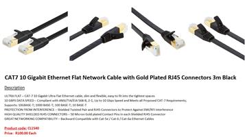 CAT7 10 Gigabit Ethernet Flat Network Cable with Gold Plated RJ45 Connectors 3m Black