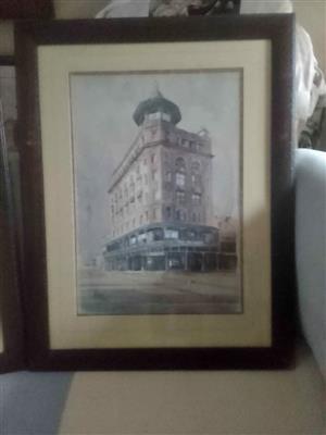 BEAUTIFUL 3x Glass enclosed PAINTINGS of JHB - MAHOGANY FRAMES 850X760 CM'S 