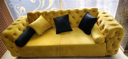 Gorgeous Brand New Designer  Rich Yellow Velvet Couch with Co-Ordinated Scatte