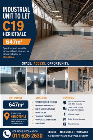 C19 – 1st Floor 647m² Factory, Manufacturing, Distribution Space To Let