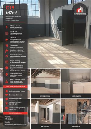 C19 – 1st Floor 647m² Factory, Manufacturing, Distribution Space To Let