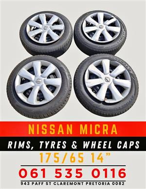 Nissan micra rims, tyres and wheel caps 175/65 14"