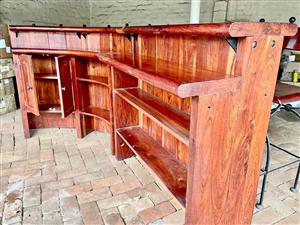 Wood & wrought iron 2 piece bar & 6 high back stools