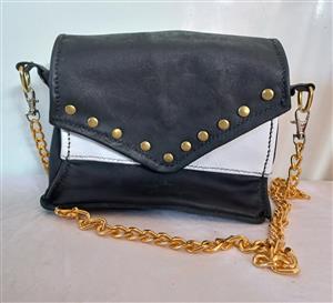 NEW - Genuine leather black, white and bronze handmade handbag/shoulder bag