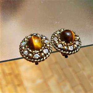 Vintage silver toned tigers eye and diamante and pearl earrings