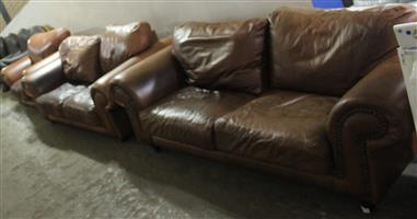 3 PIECE BROWN LEATHER LOUNGE SUITE S064849A