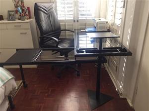 Glass top desk with extension and leather high back chair