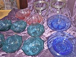 Art Deco Silver-plated or pewter pedestal stands x2 plus glass bowls
