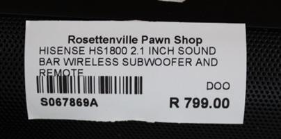 HISENSE HS1800 2.1 INCH SOUND BAR WIRELESS SUBWOOFER AND REMOTE (S067869A)