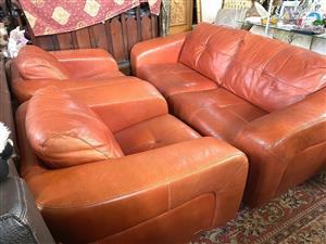 Genuine Leather 3 Pieces Sofa Suite Italian Burnt Orange Excellent Condition