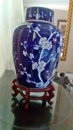 SPECTACULARLY  GORGEOUS BLUE BLOSSOM GINGER JAR on Highly Polished Mahogany Stand