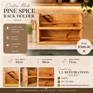 Custom made stylish pine spice rack holder