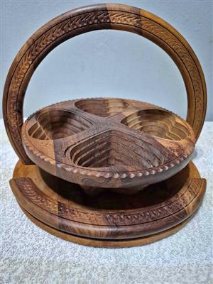 Vintage hand-carved collapsible wooden basket