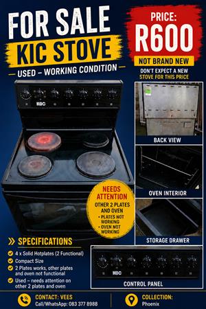 Kic big stove,  2 plates working Other 2 and oven needs attention 