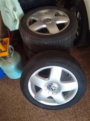 15 inch original VW mags complete with 195 x 50 x15 tyres. 85% Thread. As new.