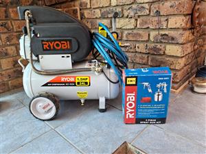 Ryobi 1.5HP 24L Compressor and Ryobi 3 piece spray gun kit.