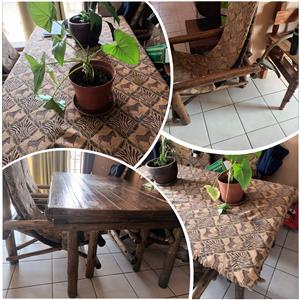 Wooden Sleeper Dining Table (incl. 6 Chairs with covers & table cloth)