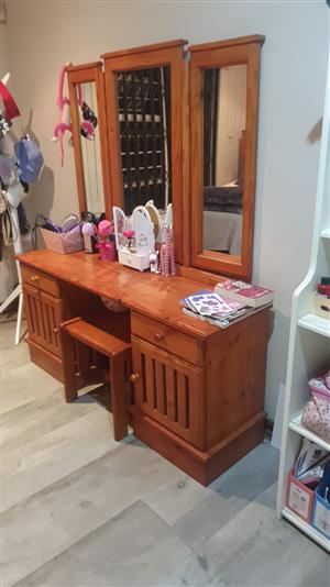 Pine bed, side table and dressing room table with mirror