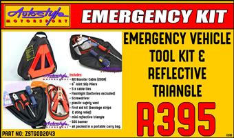 Emergency Vehicle Tool Kit and Reflective Triangle  includes - 8ft Booster Cable 200Amp - 6 inch Joint Slip Pliers - 5 x cable ties -