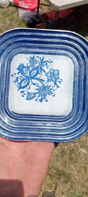 vintage blue floral enamel tray lucite glass