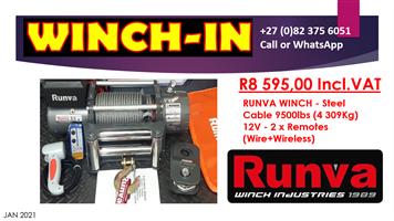 RW9500C - RUNVA WINCH - Steel Cable 9500lbs (4305Kg) 12 V - 2 x Remotes 