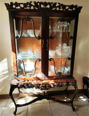 Display cabinet. Antique glass hand crafted Mahogany Imbuia wood.