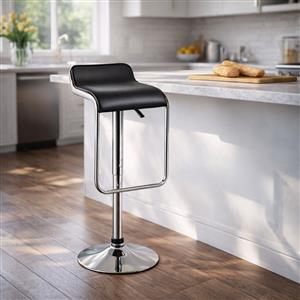 Low Back Barstool with Foot Rest – Black Faux Leather & Silver Pedestal Base