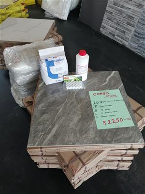10 box 600x600 tiles.5 bag cement.5 kg grudh.1 lite bounding liqui.1paket spasis