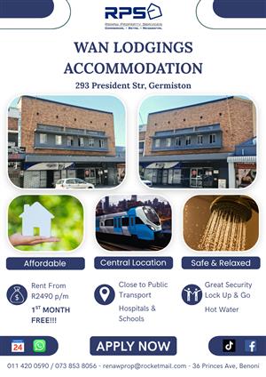 Safe and affordable accommodation in Germiston CBD *1ST MONTH FREE RENT*